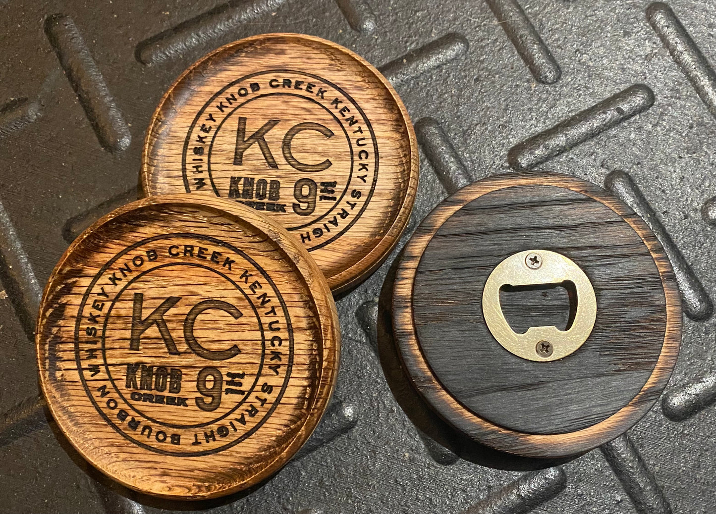 Nesting Oak Coasters with Bottle Opener (Set of Three)