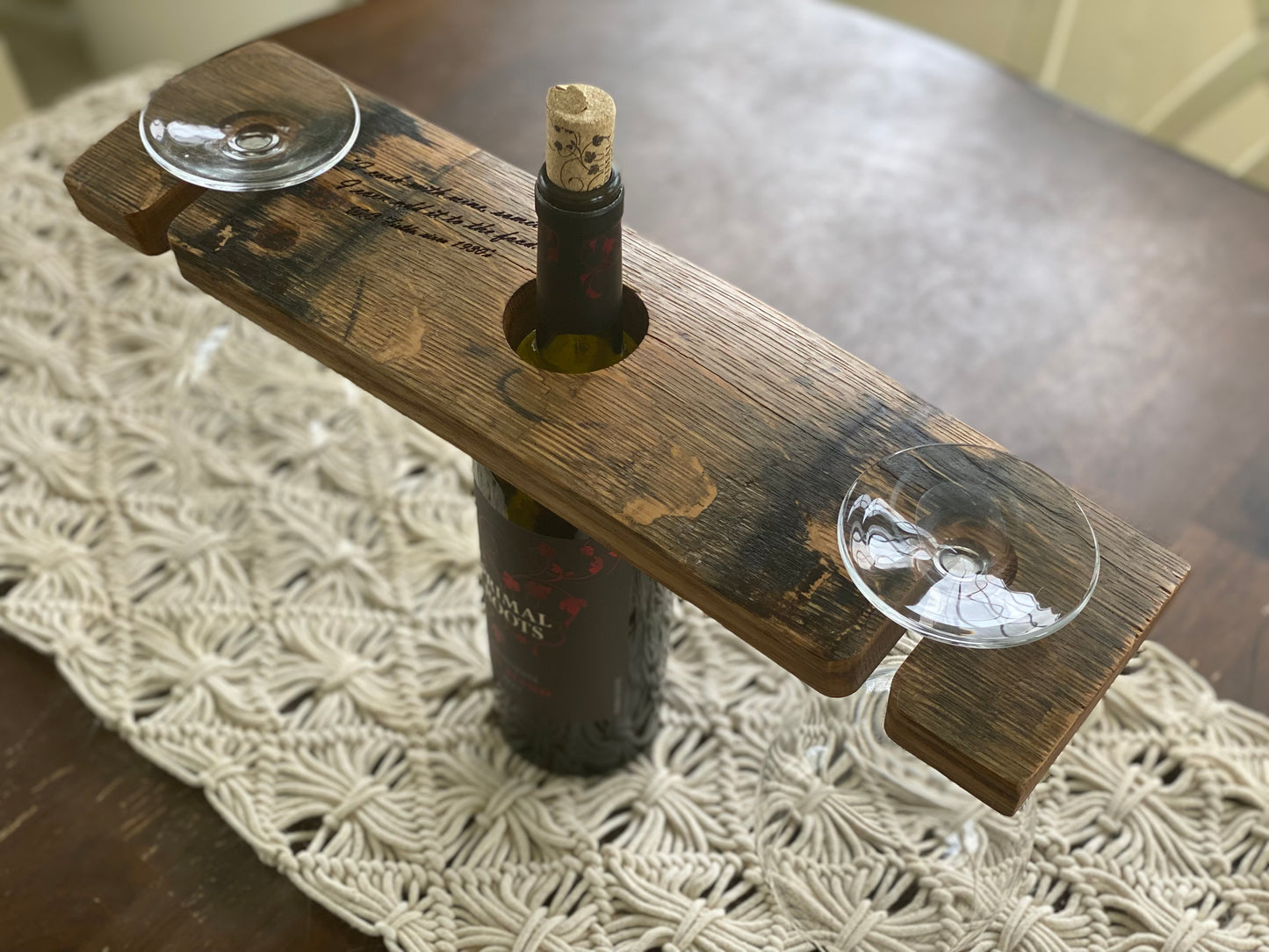 Wine Bottle and Glasses Bourbon Stave Holder